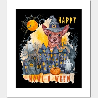 Chihuahua Happy Howl-o-ween Ghost Houses Funny Watercolor Posters and Art